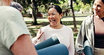 Yoga mat, friends and women talking at park, funny joke or connection on break for active lifestyle. Fitness class, mature people and conversation outdoor together, laugh or share story for wellness