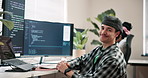 Face, man and programmer in office with computer, coding and update firewall for cybersecurity. Portrait, happy person and coworking in workplace with tech, debugging code and programming of software