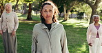 Fitness, class and stretching with old woman in park for yoga, wellness and workout lesson. Healing session, zen and warm up with group of people outdoor for holistic health, exercise and peace