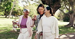 Fitness, fun or friends in nature with dance, wellness bonding or connection in workout hobby. Walk, playful groove or mature women with laugh, exercise together or happy moment in outdoor activity.
