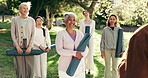 Fitness, personal trainer and smile with old people in park for yoga class, wellness and lesson. Healing session, start and instructor with group of women outdoor for holistic health and peace