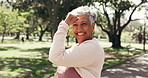 Woman, face and flexing for fitness in nature with happiness, health and wellness with muscle in park. Mature, person and champion with strong bicep, laughing and portrait for exercise lifestyle