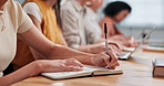 Hands, student and writing in class with notebook, college lecture and exam revision for education. Woman, coworking or notes at university for study planner, academic priorities and learning summary