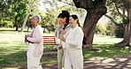 Fitness, fun or friends in park with dance, wellness bonding or connection in workout hobby. Walking, playful groove or mature women with laugh, exercise together or happy moment in outdoor activity.