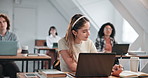 Woman, student and writing in class with notebook, college lecture and exam revision for education. Smile, female person and laptop at campus with study planner, academic lesson and learning summary