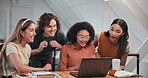 Excited, people and students in class with laptop, good news and test results for academic success. Smile, friends and applause at university with tech, acceptance and pass exam for learning victory