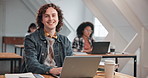 Man, student and face in university with laptop, opportunity and scholarship with online platform. Academic, tech and happy in community college for curriculum, lesson engagement and education