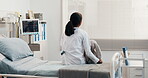 Back, healthcare and thinking with girl on hospital bed for post surgery contemplation or recovery. Medical care, reflection and teddy bear of child patient in clinic for treatment or wellness