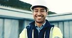 Architect, face and happy man with pride on site for construction or building development. Portrait, male person or civil engineer with smile or confidence for property management or renovation