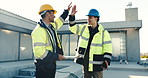 Men, builder or high five with electrician on construction site for maintenance or inspection check. Happy, male people or contractors with smile, checklist or team celebration for building success