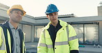 Construction, discussion or team on site with inspection, progress track or evaluation of remodeling. Review, men or engineer with ppe, quality control or partner assessment in building renovation.