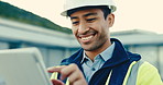 Happy, engineer and man at construction site with tablet, good news and approval for building plan. Supervisor, person and scroll outdoor with tech, smile or quality assurance for engineering project