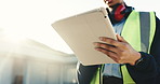 Hands, woman and engineer at site with tablet, research and inspection report for construction. Below, female person or flare outdoor with digital, blueprint and compliance checklist for architecture