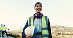Architect, face and happy woman with pride in countryside for construction or building development. Portrait, female person or civil engineer with smile for rural infrastructure or architecture