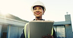 Happy, engineer and woman at construction site with tablet, inspection or approval of infrastructure. Supervisor, person and outdoor by building with tech, smile or quality assurance for engineering.