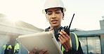 Supervisor, radio and woman at construction site with tablet, check plan and talk for instructions. Engineering, person and speaking outdoor by building with tech, project management or coordination.
