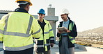 People, handshake and talking at construction site for planning, project collaboration and welcome. Woman, men and engineer team shaking hands at worksite with tablet, introduction and contractor