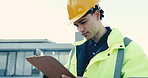 Man, engineer and clipboard outdoor for construction, protocol and inspection report for project. Contractor, writing and notes on rooftop with checklist, blueprint and safety survey for architecture