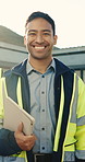 Engineer, face and happy man with tablet, outdoor and laugh with career growth on construction site. Civil engineering, portrait and person with tech, confident and smile for property development