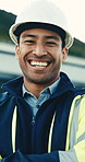 Face, man and engineer at site for construction, inspector and leadership for architecture. Portrait, smile and male person outdoor with helmet, contractor ppe and building supervisor for maintenance