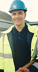 Face, man and electrician outdoor for construction, inspector and leadership for architecture. Portrait, smile and technician at site with blueprint, project ppe and building supervisor of renovation
