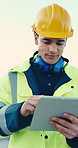 Construction worker, typing and man with tablet, outdoor and laughing with research for renovation. Safety coordinator, scroll and happy person with tech, online and reading digital report on website