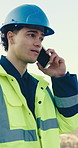 Man, electrician or outdoor with phone call for update, project review or feedback for construction. Discussion, electrical engineer and tech at worksite for planning, contractor arrangement and talk