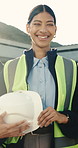 Face, woman and engineer at site for construction, inspector and leadership for architecture. Portrait, female person and smile outdoor with helmet, project ppe and building supervisor for renovation