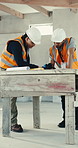 Engineer, team and document at site for construction, blueprint and inspection of architecture. People, reading and paperwork at worksite for floor plan, building design and collaboration for project
