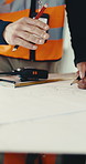 Hands, engineer and team with blueprint for construction, sketch and illustration of architecture. People, writing and document at site for floor plan, building design and collaboration for expansion