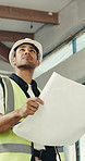 Thinking, man and engineer with document for construction, blueprint and architecture inspection. Smile, male person and inspector with paperwork, building structure and quality assurance of property
