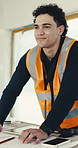 Construction, blueprint or man with thinking, project reflection or layout sketch for renovation. Happy, ppe or engineer with floor plan, operation perspective or design evaluation in site remodeling
