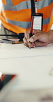 Hands, engineer and writing on blueprint for construction, sketch and illustration of architecture. People, notes and documents at site for floor plan, building design and collaboration for expansion