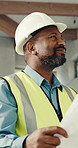 Black man, engineer and document at site for construction, blueprint and structure of architecture. Smile, mature person or inspector with paperwork, building design and quality assurance of property