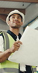 Smile, man and engineer with document for construction, blueprint and inspection of architecture. Happy, male person and inspector with paperwork, building structure and quality assurance of property