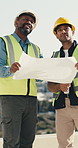 People, engineer and document at site for construction, blueprint and inspection of architecture. Team, supervisor and paperwork outdoor for floor plan, building design and quality control of project