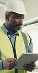 Engineer, inspection and man with tablet, building and typing report for renovation project on web. Civil engineering, property development and  mature black person with tech, thinking or scroll info