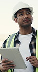 Engineer, inspection and man with tablet, construction and reading research for renovation project. Civil engineering, outdoor and happy person with tech, scroll and info for property development
