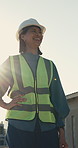 Construction, smile and woman with thinking, progress reflection and mindset in site review. Below, ppe and happy supervisor with flare, project perspective and evaluation of outdoor development.