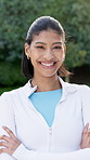 Fitness, face and woman with smile outdoor for wellness, exercise and health for cardio routine. Happy, portrait and confident person with crossed arms for fresh air, active hobby and pride for break