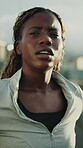 Athlete, sweating and woman on break, bridge and burnout after exercise routine and fitness in city. Outdoor, runner and black person with fatigue, breathing and thinking post workout or low angle