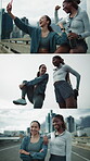 Montage, face and fitness friends in city, stretching and selfie with happy people for workout outdoor. Women, portrait and memory for exercise blog, social media and composite for training in town