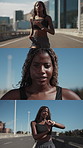 Black woman, face and training in city for fitness, smart watch app and exhausted with running. Outdoor, montage or runner with confidence for exercise, digital timer or workout fatigue for wellness
