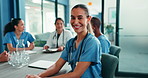 Happy woman, face and nurse in team for healthcare, integrity and group management in hospital. Smile, specialist and medical meeting in boardroom with confidence, opportunity and service minded