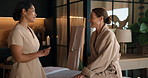 Wellness, client or women in spa with preparing, treatment consultation or ready for holistic care. Happy, mature woman or masseuse at resort with start, service advice or guidance on healing session