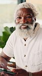 Mature, face and black man with tablet for finance, budget planning or asset management in home. Portrait, male person or smile with technology for financial investment or online insurance in house