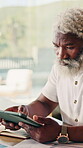 Tablet, budget and planning with black man in home for payment option, online banking and research. Retirement fund, investment app and documents with senior person in house for reading and account