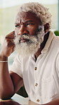Mature, home and problem solving with black man for serious decision or financial investment. Male person, thinking or option with contemplation for finance, expenses or asset management in house