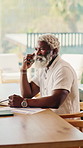 Mature, home and black man with phone call for finance, accounting advice or asset management. Male person, talking and listening with technology or documents for financial discussion or chat in home