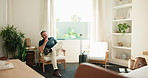 Relax, arrival and man with suitcase at hotel for travel, accommodation and lodge for business trip. Hospitality, room and person with luggage, thinking and chill for check in, reservation or booking